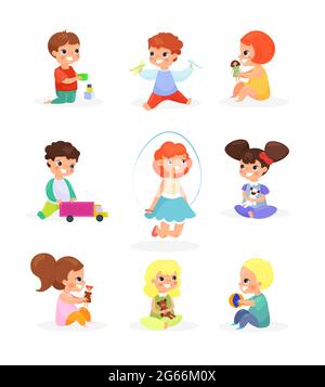 Vector ilustración conjunto de lindos niños jugando con juguetes, muñecas, saltar, sonriendo. Felices niños que se divierten, dibujos animados de estilo plano. Ilustración del Vector