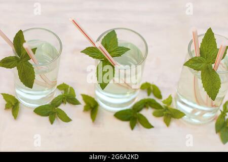 Set de verano saludable bebida de agua con infusión de limonada de menta casera, hojas de menta en vidrio sobre fondo gris. Primer plano mojito coctail. Enfoque selectivo.