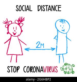 Dibujo infantil con crayones de cera. Mantenga la señal de distancia. Coronavirus. Distanciamiento social y autocuarentena. Concepto de distanciamiento social de las personas de pie Ilustración del Vector