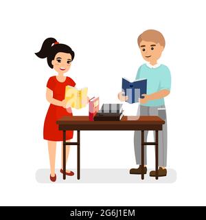 Ilustración vectorial del hombre y la mujer jóvenes con libros sobre la mesa, la niña y el niño están leyendo libros, dibujos animados planos estilo imagen. Ilustración del Vector