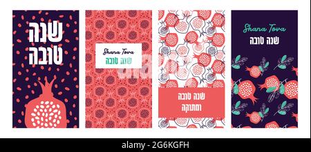 Año Nuevo Judío, Rosh Hashanah Conjunto de tarjetas de felicitación Bandera de saludo con símbolos de fiesta judía Rosh Hashana , Año Nuevo. Bendición del feliz año nuevo Ilustración del Vector