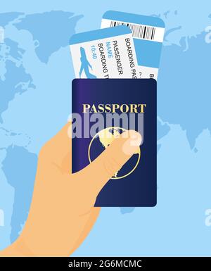 Ilustración vectorial de pasaporte de mano con entradas en el fondo del mapa del mundo. Concepto de viajes y turismo. Ilustración del Vector