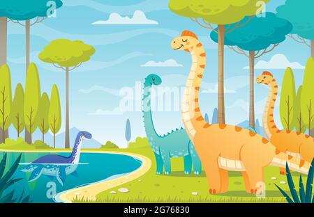  Composición de los dinosaurios con dibujos animados de los dinos en hábitat natural con árboles de paisaje salvaje e ilustración de vectores de lagos Imagen Vector de stock
