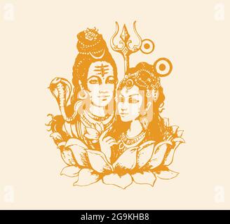 Bosquejo del famoso y poderoso dios indio Señor Shiva y Parvati amor con espacio libre para el texto Foto de stock