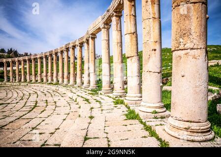 Jerash, Jordania - columnas en la antigua ciudad romana de Gerasa, Jerash moderno en Oriente Medio Foto de stock