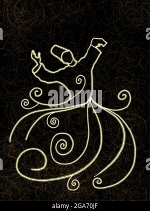 Fondo oscuro, patrón tradicional, tarjeta, texturas, sufi, semazen, mevlevi.mevlana, línea de dibujo Foto de stock