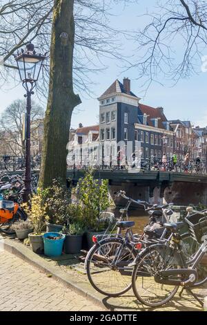 Runstraat, puente 66, cruzando el canal Prinsengracht, Ámsterdam, Países Bajos Foto de stock