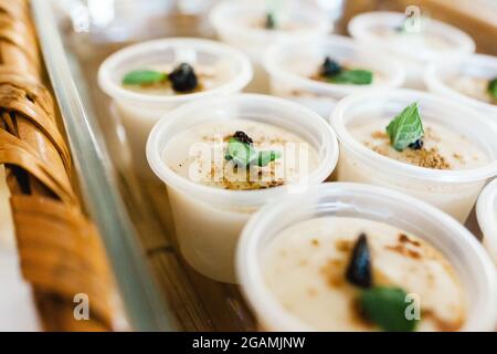 Cremitas crema tradicional mexicana de vainilla con pudín rociado con  canela y pasas, postres típicos mexicanos en México Fotografía de stock -  Alamy