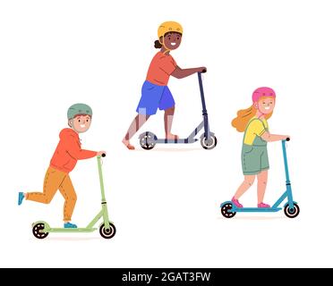 Los niños en cascos viajan en scooters eléctricos. Ilustración del Vector