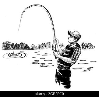 Hombre con caña de pescar en el río. Dibujo blanco y negro tinta
