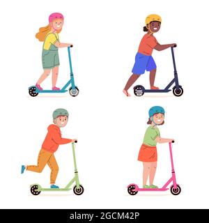 Los niños en cascos viajan en scooters eléctricos. Ilustración del Vector