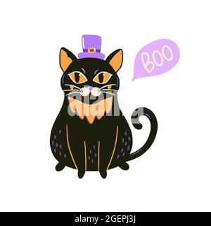 Estampado de Halloween con coqueto gato negro en el sombrero. Ilustración vectorial dibujada a mano. Perfecto para adornos de fiesta de Halloween, diseño de póster y camiseta.