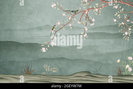Papel pintado mural 3d con pintura floral simple fondo gris claro
