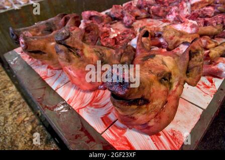 Carne de cerdo en el mercado de Tomohon, Sulawesi del Norte, Indonesia. Foto de stock