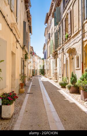 Vista de una idílica calle con plantas verdes en Arles, Provenza, Francia. Foto de stock
