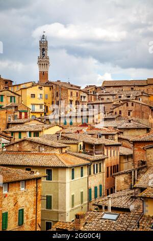 Tejados de baldosa del casco antiguo de Siena, Toscana, Italia Foto de stock