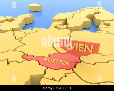 3D El mapa de Europa presentado se centró en Austria, Viena Foto de stock