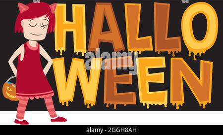 Banner de estilo retro para una fiesta de Halloween con una chica vestida como gato.