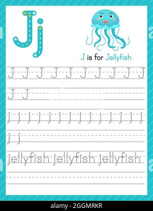 Letra J mayúscula y minúscula. Hoja de trabajo preescolar práctica de rastreo de alfabeto para niños que aprenden inglés con lindo animal de dibujos animados. Actividad Pag Imagen Vector de stock -