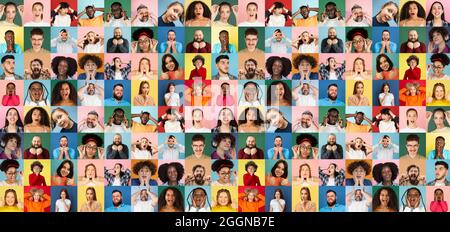 Collage de rostros de personas multiétnicas sorprendidas aisladas sobre fondos multicolores. Hombres, mujeres y niños felices. Emociones humanas, expresión facial