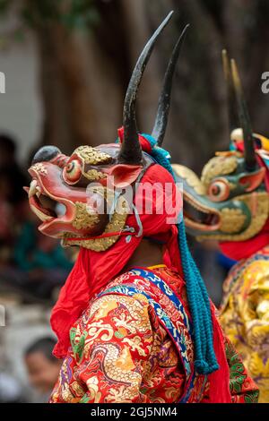 Bután, Punakha Dzong. Festival Punakha Grubchen, bailarines enmascarados. Foto de stock
