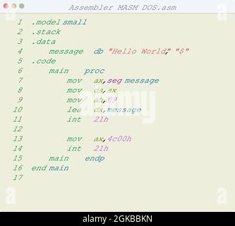 Ensamblador MASM lenguaje DOS Hola Mundo muestra de programa en la  ilustración de la ventana del editor Imagen Vector de stock - Alamy
