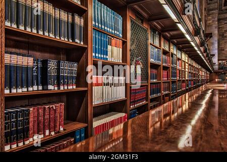 Los libros de la Biblioteca Pública de Nueva York - Perspectiva de libros en uno de los muchos estantes en el ornamentado Rose Sala de Lectura principal en la Stephen A. Schw Foto de stock