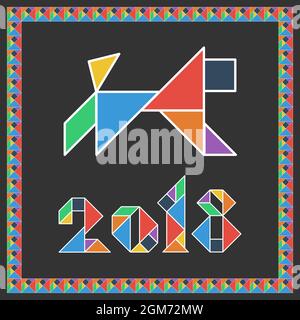 Juego de cerebro Tangram Feliz Año Nuevo 2018 con símbolo de chinesse perro posrcard plano UI color aislado sobre fondo gris ilustración vectorial Ilustración del Vector