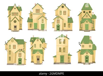 Casa amarilla de dibujos animados. Establecer. Una hermosa y acogedora casa  de campo en un estilo europeo tradicional. Colección de graciosas casas de  Cute. Aislado sobre blanco Imagen Vector de stock -