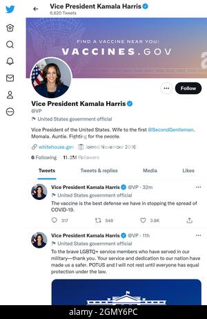 Página de Twitter (septiembre de 2021) del Vicepresidente de los Estados Unidos, Kamala Harris Foto de stock