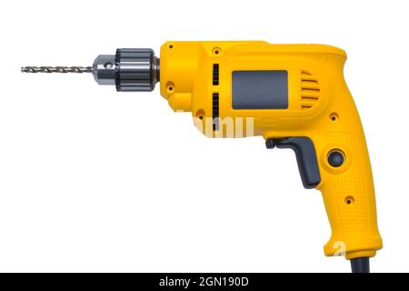 Taladro eléctrico con cable amarillo cortado en blanco Fotografía de stock  - Alamy