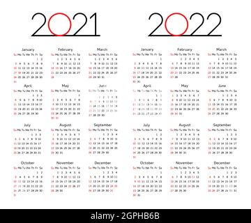 Calendario 2021 - plantilla editable de 2022 años. Inicio de semana domingo planificador de diseño corporativo plantilla ilustración vectorial. Gráfico de cuadrícula de tabla de calendario