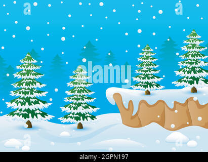 Dibujos animados del paisaje invernal con suelo nevado y abetos Imagen Vector de stock - Alamy Dibujos animados del paisaje invernal con suelo nevado y abetos Imagen Vector de stock - Alamy