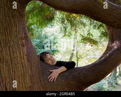Mujer abrazando un árbol, New Forest, Reino Unido Foto de stock