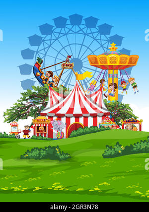 Parque de atracciones de dibujos animados con noria y ilustración de parque  infantil Imagen Vector de stock - Alamy