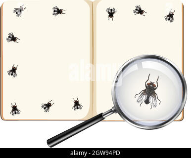 Volar insectos en páginas de libros en blanco con lupa aislada sobre fondo blanco Ilustración del Vector
