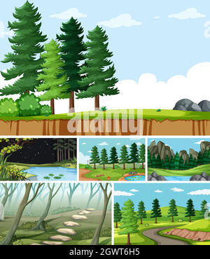 Seis escenas diferentes en la naturaleza que establece estilo de dibujos animados Ilustración del Vector