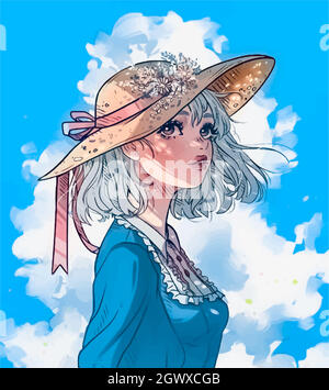 Una niña con un sombrero azul Foto de stock 2112749972