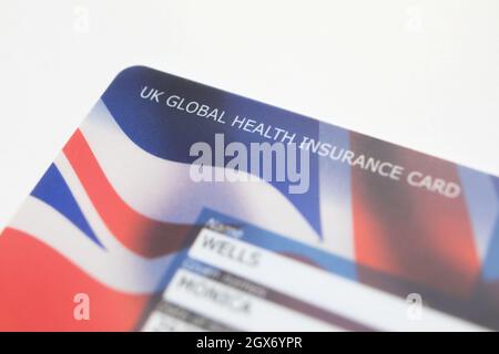 La nueva GHIC, la Tarjeta Global de Seguro de Salud del Reino Unido, que relata la vieja tarjeta europea, post Brexit, Reino Unido Foto de stock