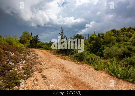 carretera o carril en la isla jónica de zante o zankynthin grecia con árboles a ambos lados de la carretera y un cielo tormentoso nublado amenazante. Foto de stock