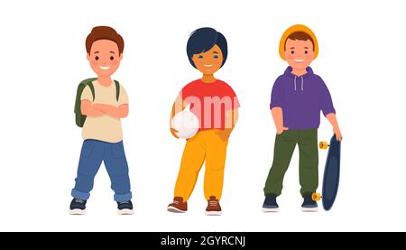 Niños con ropa informal en estilo de dibujos animados Imagen Vector de  stock - Alamy