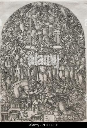 El Apocalpse: Una multitud innumerables que se encuentran ante el Trono, 1555. Jean Duvet (francés, 1485-1561). Grabado; enmarcado: 52,4 x 39,7 x 2,5 cm (20 5/8 x 15 5/8 x 1 pulg.); sin enmarcar: 30,9 x 21,7 cm (12 3/16 x 8 9/16 pulg.); placa: 30,1 x 21,2 cm (11 7/8 x 8 3/8 pulg.). Foto de stock