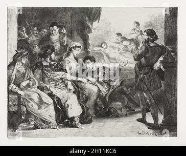 Aldea: Aldea ordena a los actores hacer una escena de la intoxicación de su padre, 1834. Eugène Delacroix (francés, 1798-1863). Litografía; Foto de stock