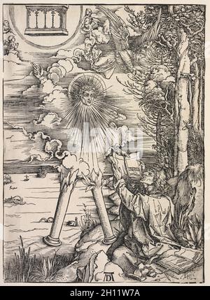 Revelación de San Juan: San Juan devorando los libros, 1511. Albrecht Dürer (alemán, 1471-1528). Corte de madera; Foto de stock