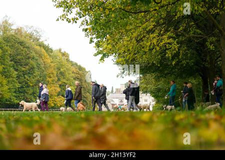La gente camina perros a través de Coombe Abbey Country Park mientras los árboles muestran el color otoñal, en Coventry, Warwickshire. Fecha de la foto: Sábado 16 de octubre de 2021. Foto de stock