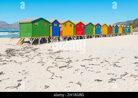 Coloridas cabañas de playa en la playa de Muizenberg cerca de Ciudad del Cabo, Sudáfrica.
