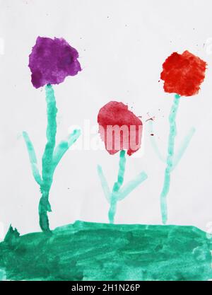 Dibujo de flores para niños. Colores brillantes del verano. Arte infantil  Arte dibujado por acuarelas. Pinturas de color de agua de dibujo para niños  sobre papel. Flowe Fotografía de stock - Alamy