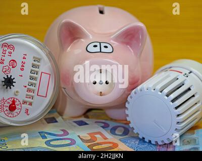 Contador de electricidad, hucha, modelo de casa y billetes de euro en mesa  de madera blanca Fotografía de stock - Alamy