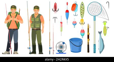 Conjunto de objetos de pesca. Cañas de pescar, flotadores y