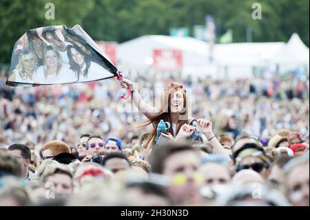 Festival goer en la multitud el día 1 de V Festival 2014 en Hylands Park en Chelmsford Foto de stock